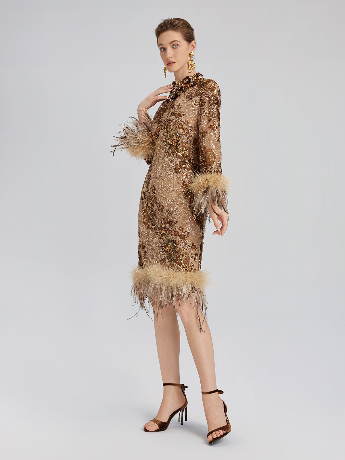 Hand-Beaded Floral Sequins & Feather Dress