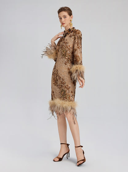 Hand-Beaded Floral Sequins & Feather Dress