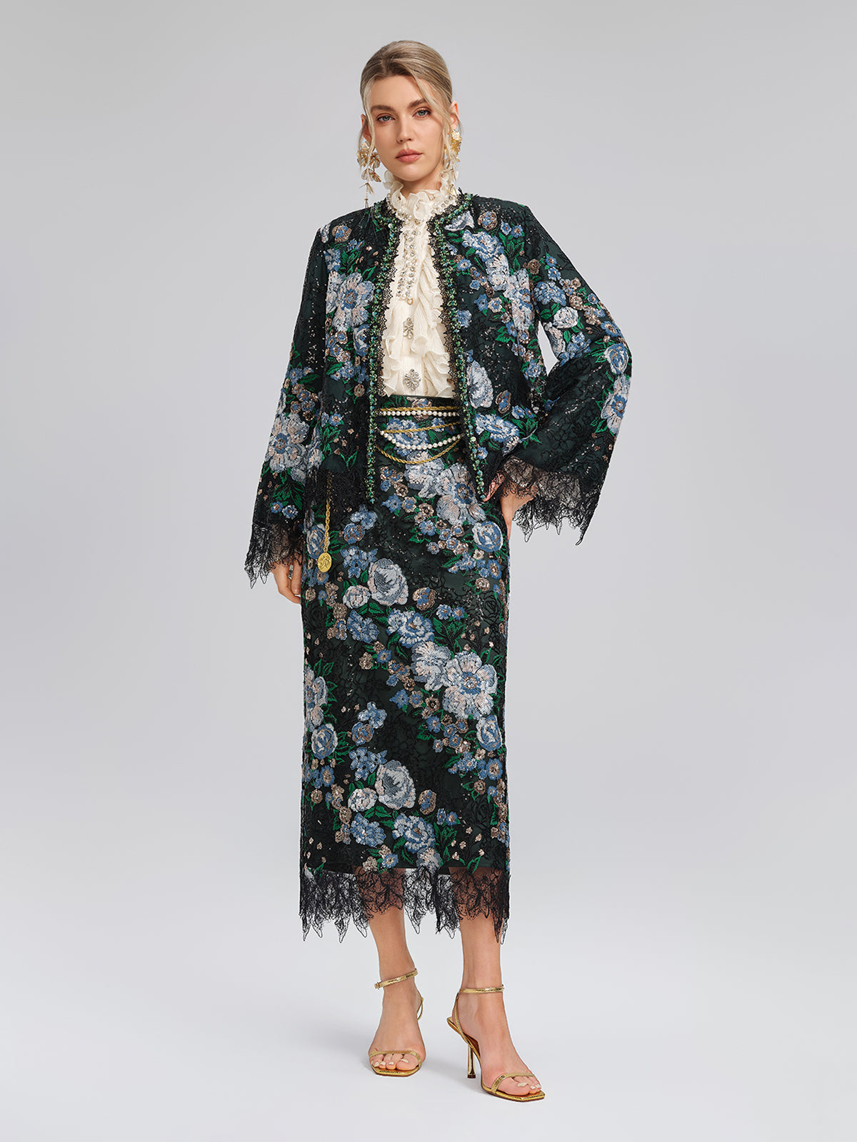 Sequin Lace-Trim Elastic-Waist Skirt