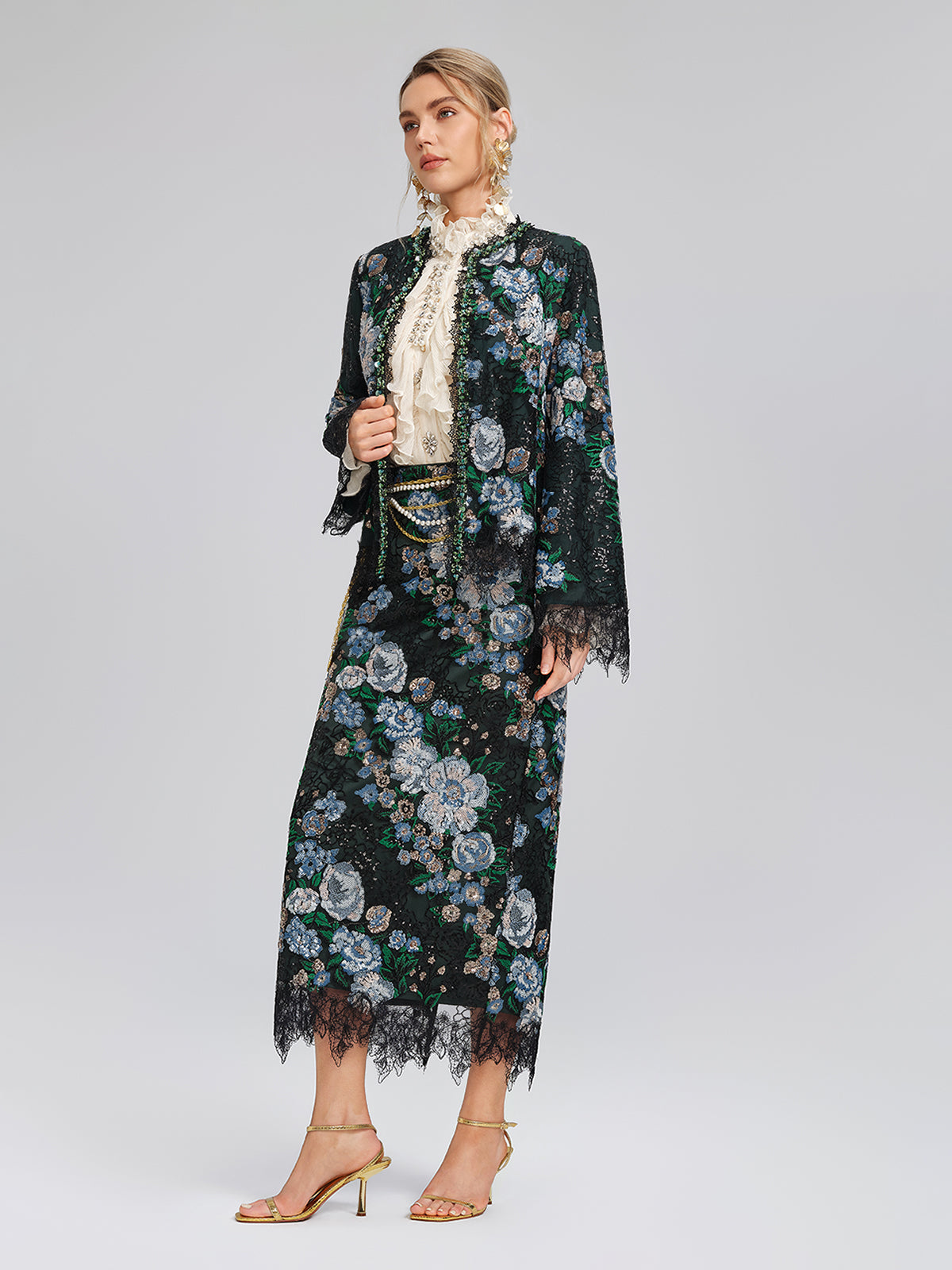 Sequin Lace-Trim Elastic-Waist Skirt