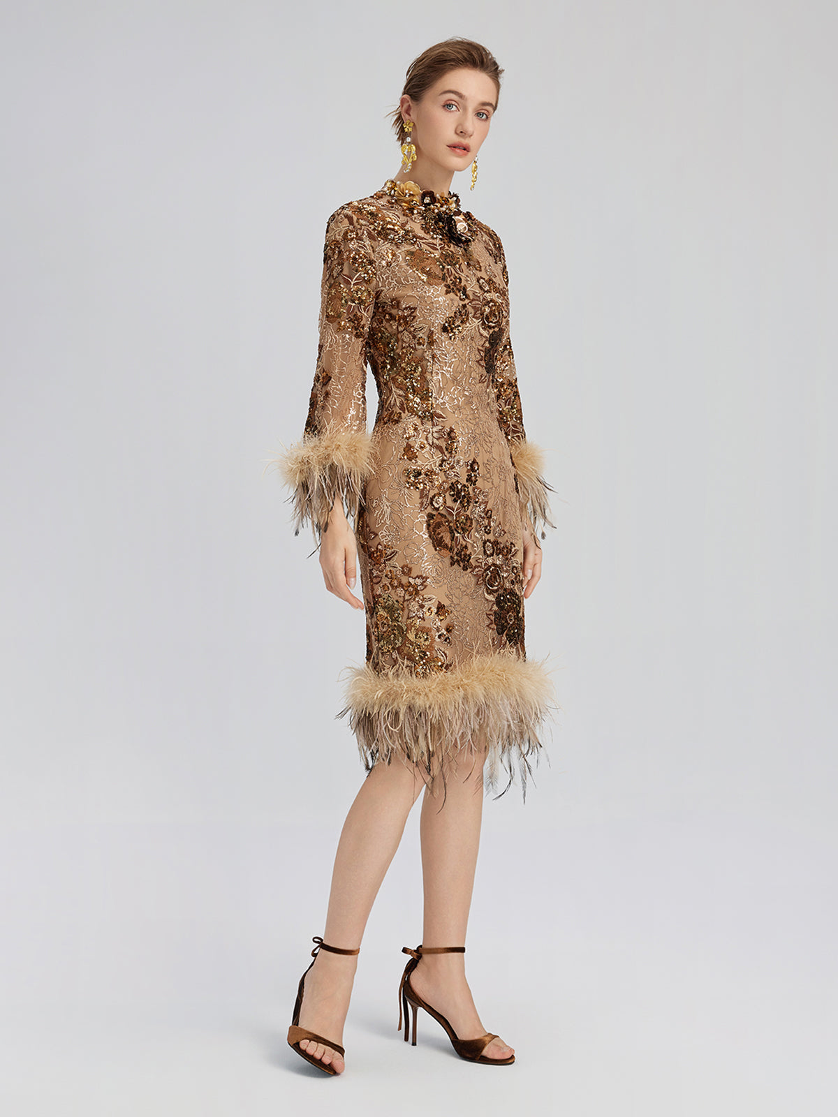 Hand-Beaded Floral Sequins & Feather Dress