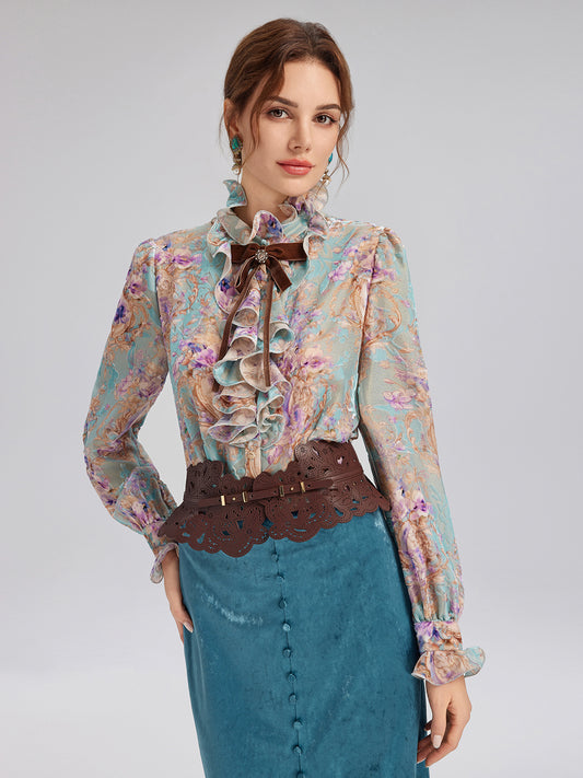 Silk Velvet Devoré Ribbon Bow Ruffle Blouse