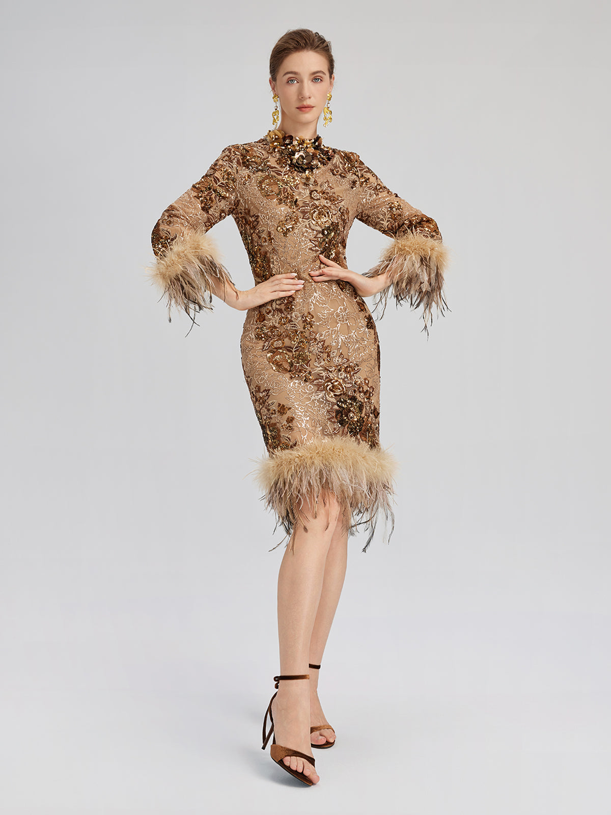 Hand-Beaded Floral Sequins & Feather Dress