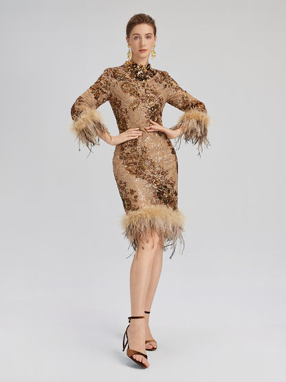 Hand-Beaded Floral Sequins & Feather Dress