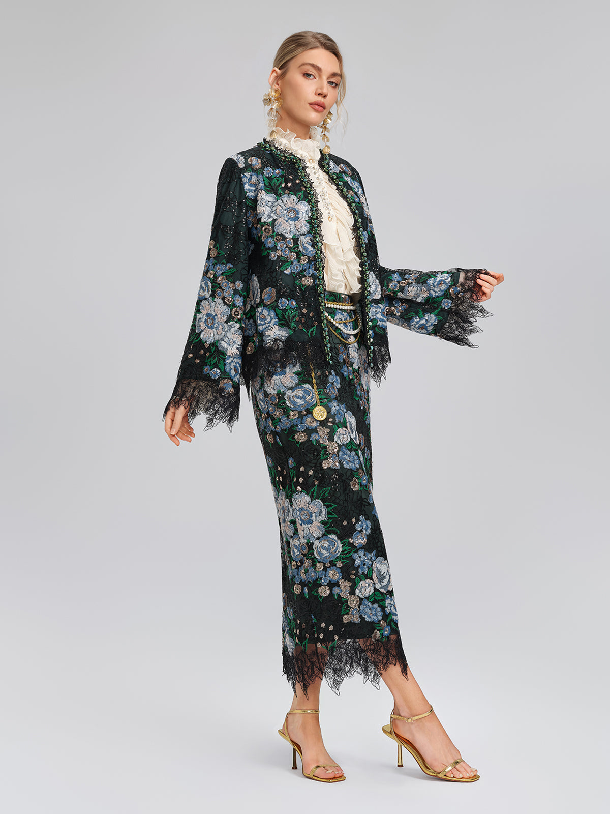 Sequin Lace-Trim Elastic-Waist Skirt