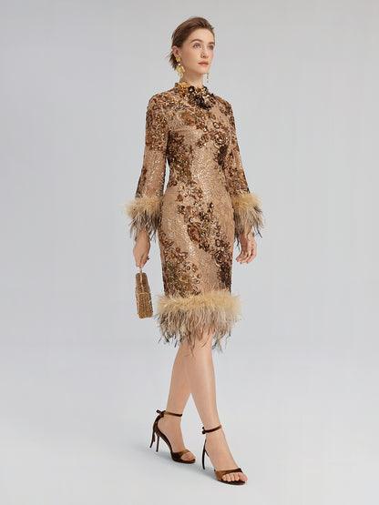 Hand-Beaded Floral Sequins & Feather Dress