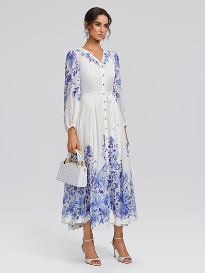 V-Neck Lantern-Sleeve Maxi Dress (Waist Tie & Slip Dress Included)
