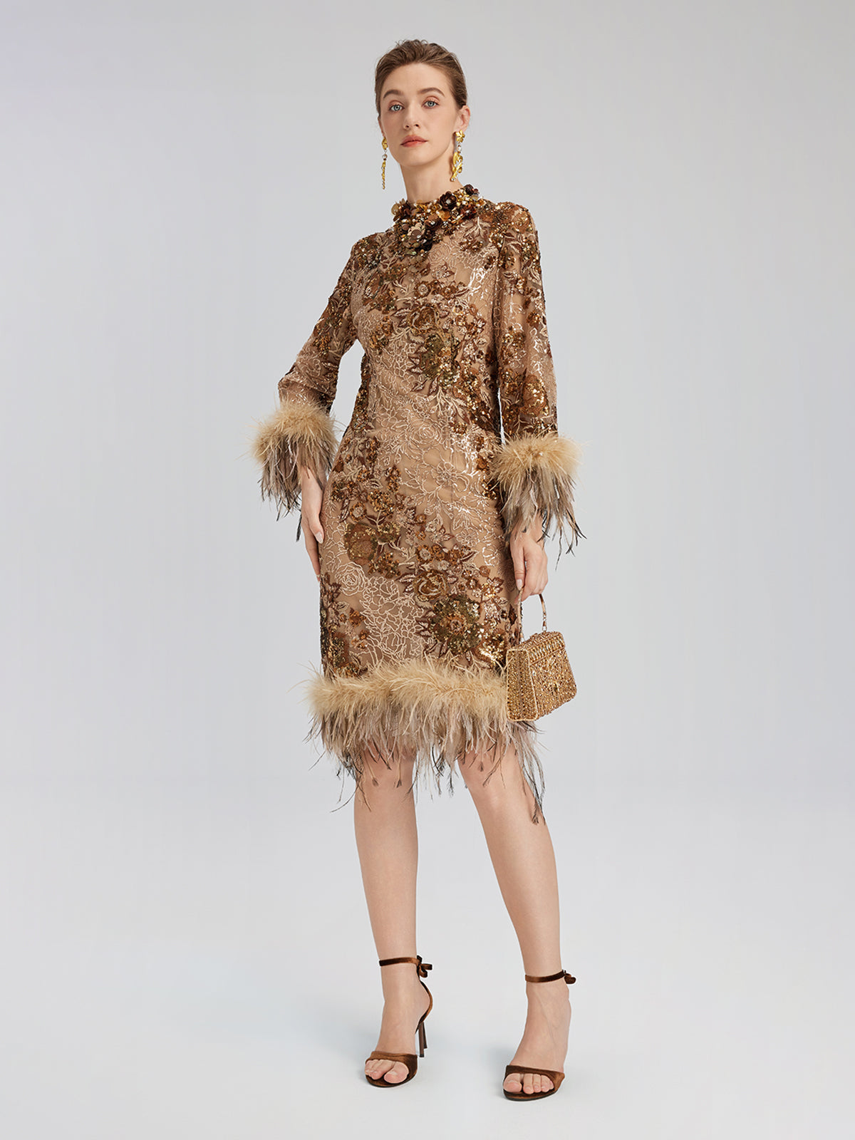 Hand-Beaded Floral Sequins & Feather Dress