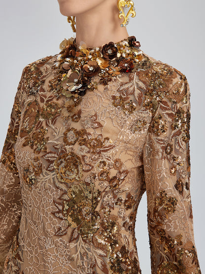 Hand-Beaded Floral Sequins & Feather Dress