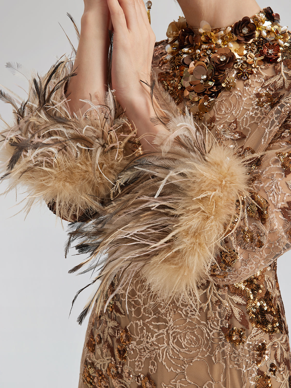 Hand-Beaded Floral Sequins & Feather Dress