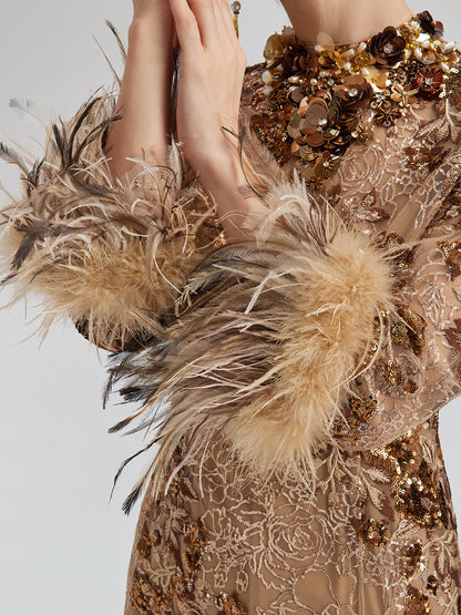 Hand-Beaded Floral Sequins & Feather Dress