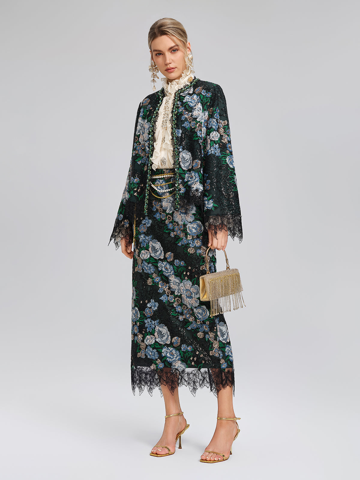 Sequin Lace-Trim Elastic-Waist Skirt