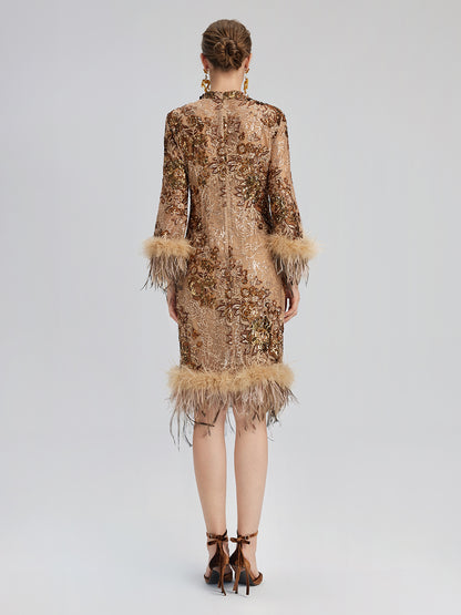 Hand-Beaded Floral Sequins & Feather Dress
