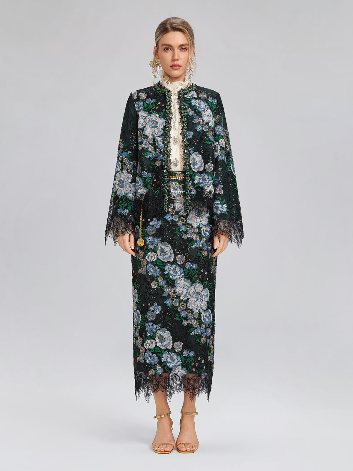 Sequin Lace-Trim Elastic-Waist Skirt