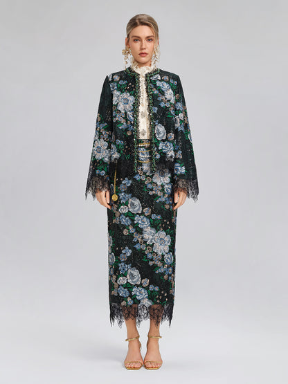 Sequin Lace-Trim Elastic-Waist Skirt