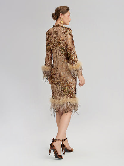 Hand-Beaded Floral Sequins & Feather Dress