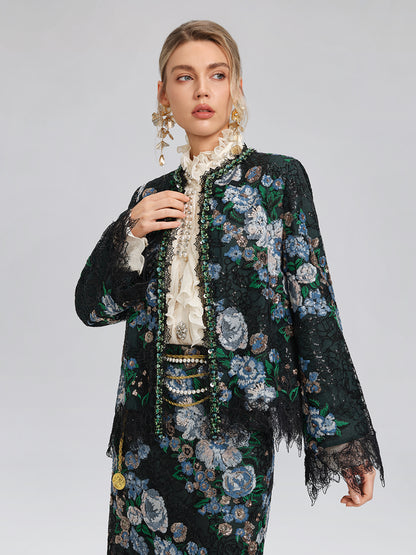 Sequin Lace-Trim Hand-Beaded Crystal Jacket