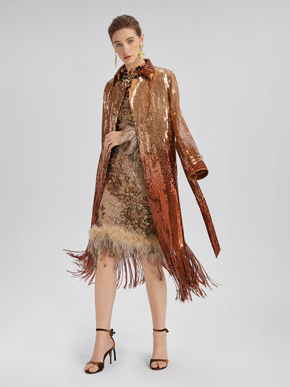 Gradient Sequin Fringe Trench Coat (Matching Belt Included)