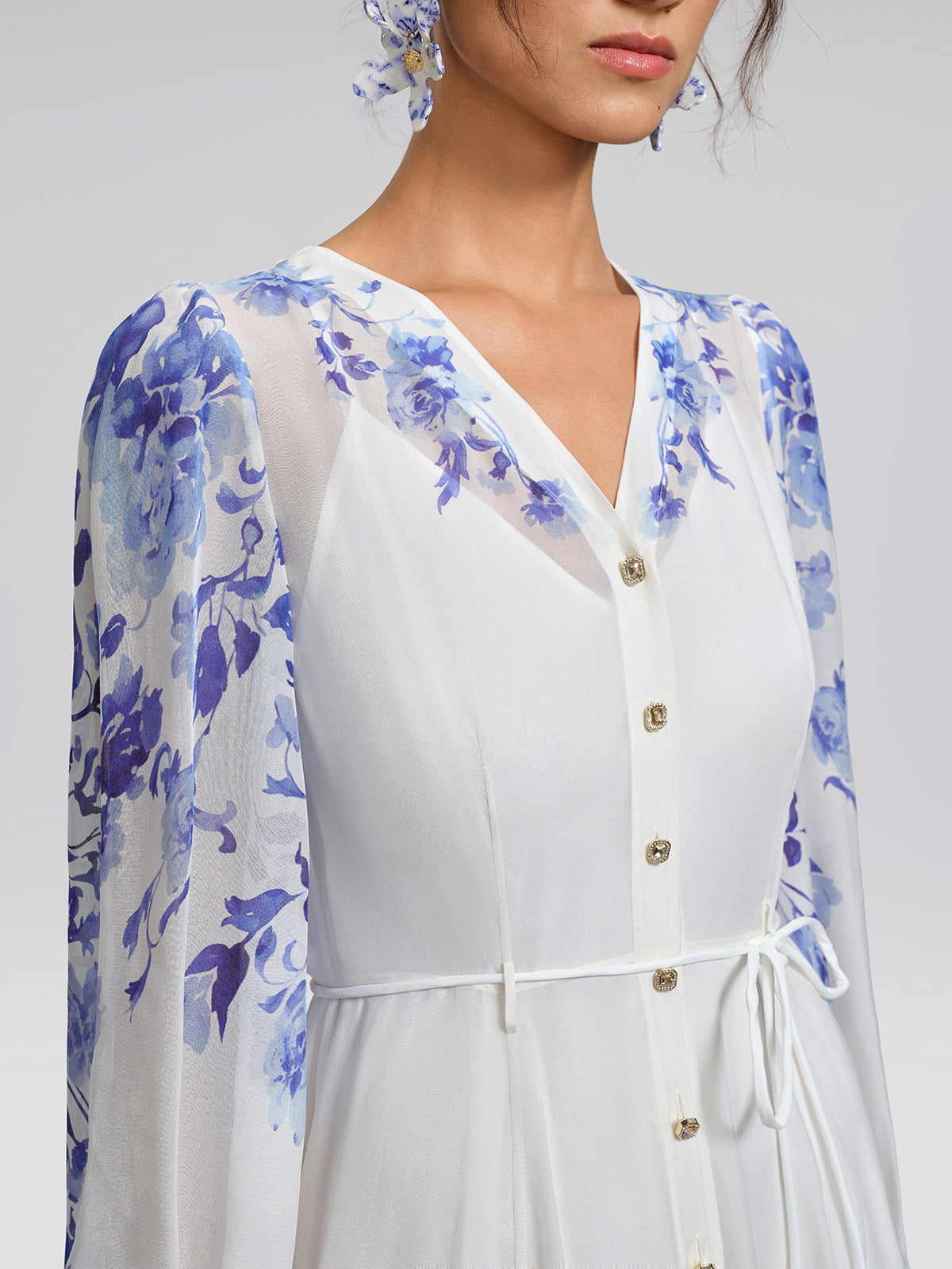 V-Neck Lantern-Sleeve Maxi Dress (Waist Tie & Slip Dress Included)