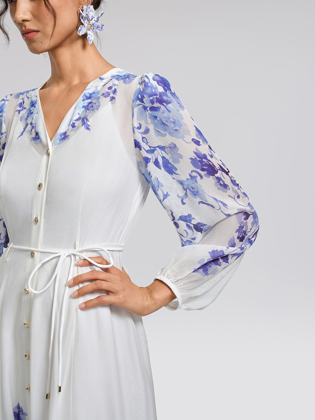 V-Neck Lantern-Sleeve Maxi Dress (Waist Tie & Slip Dress Included)