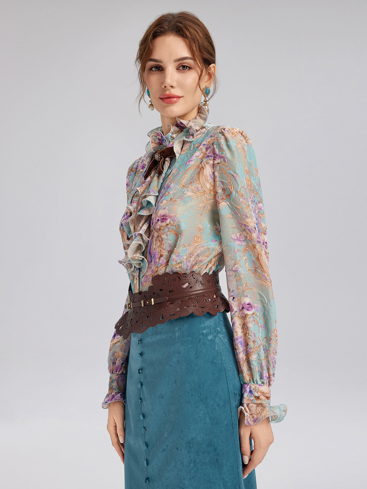 Silk Velvet Devoré Ribbon Bow Ruffle Blouse