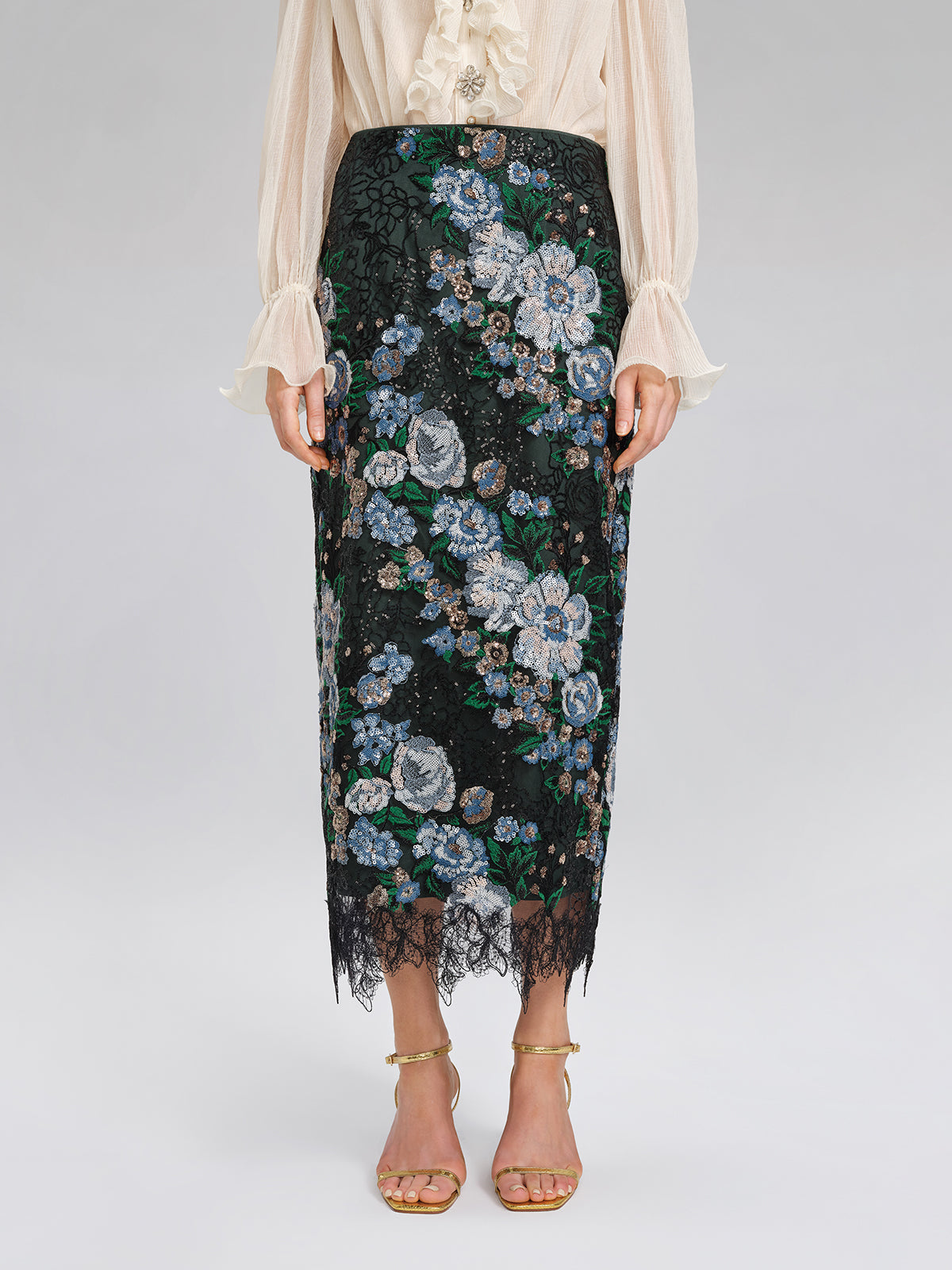 Sequin Lace-Trim Elastic-Waist Skirt