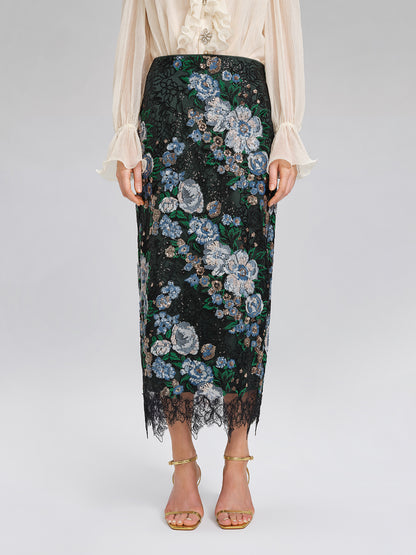 Sequin Lace-Trim Elastic-Waist Skirt