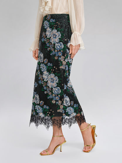 Sequin Lace-Trim Elastic-Waist Skirt