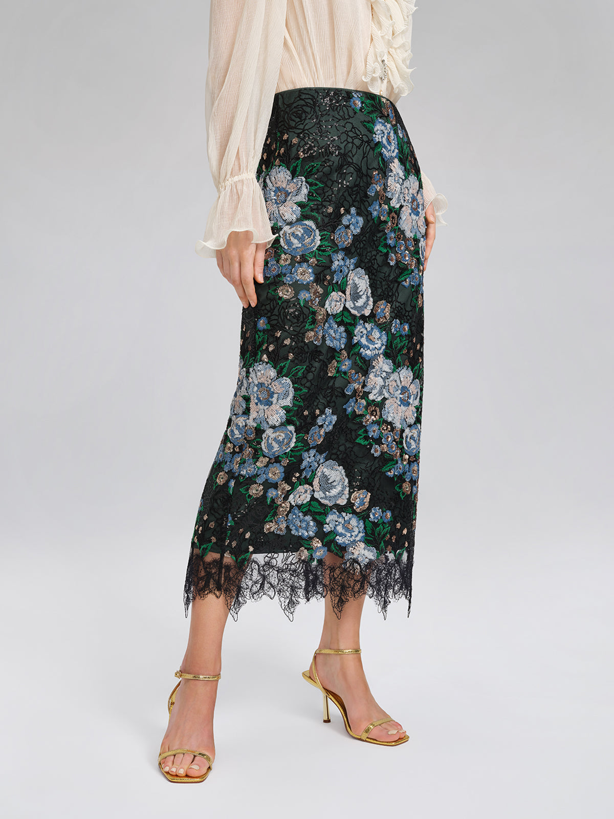 Sequin Lace-Trim Elastic-Waist Skirt