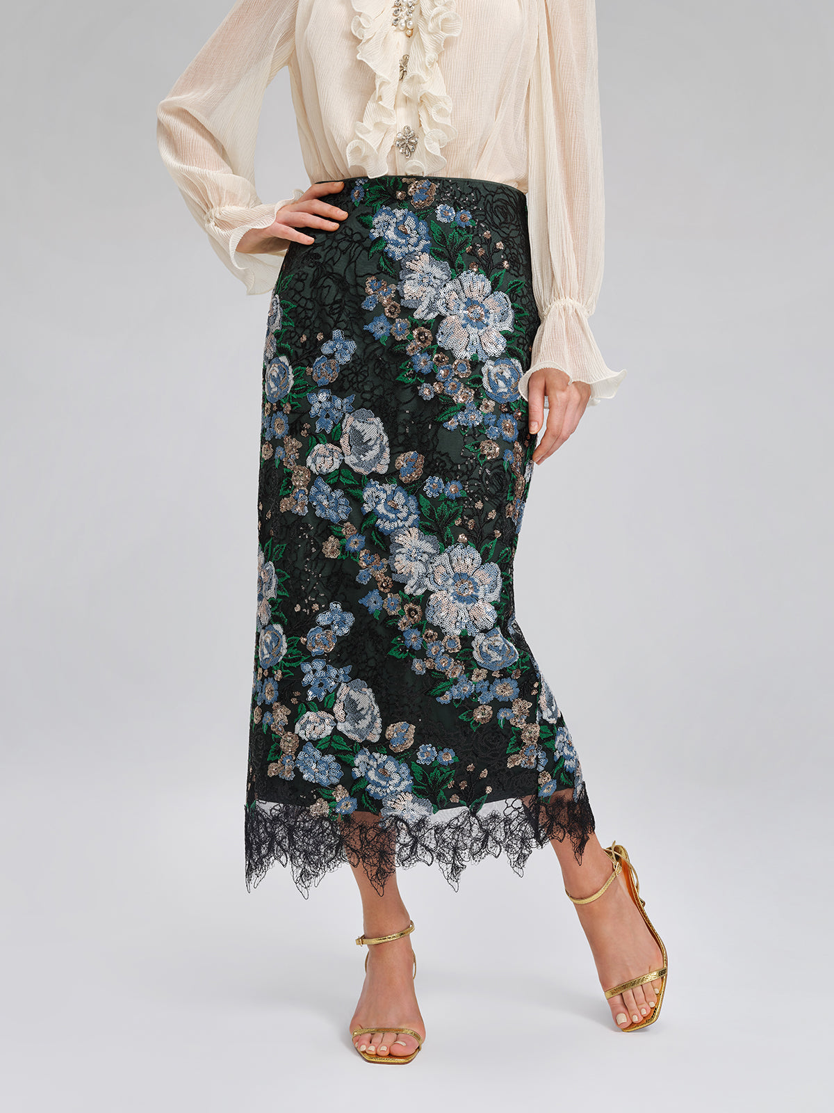 Sequin Lace-Trim Elastic-Waist Skirt