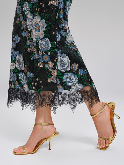 Sequin Lace-Trim Elastic-Waist Skirt