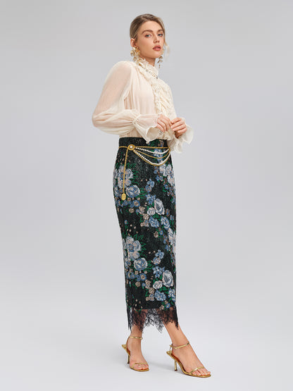 Sequin Lace-Trim Elastic-Waist Skirt