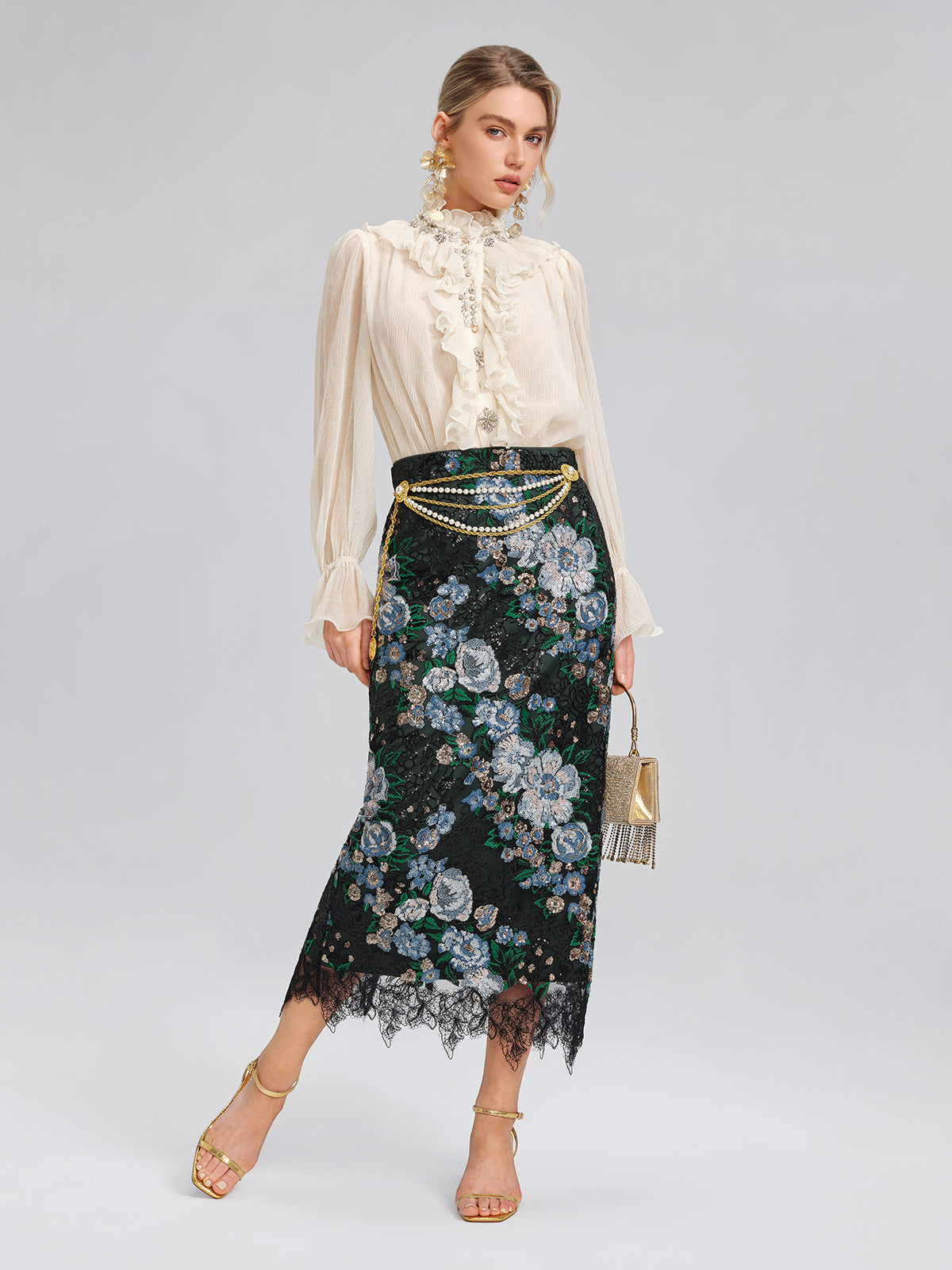 Sequin Lace-Trim Elastic-Waist Skirt
