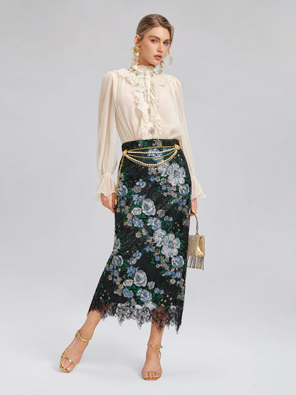 Sequin Lace-Trim Elastic-Waist Skirt