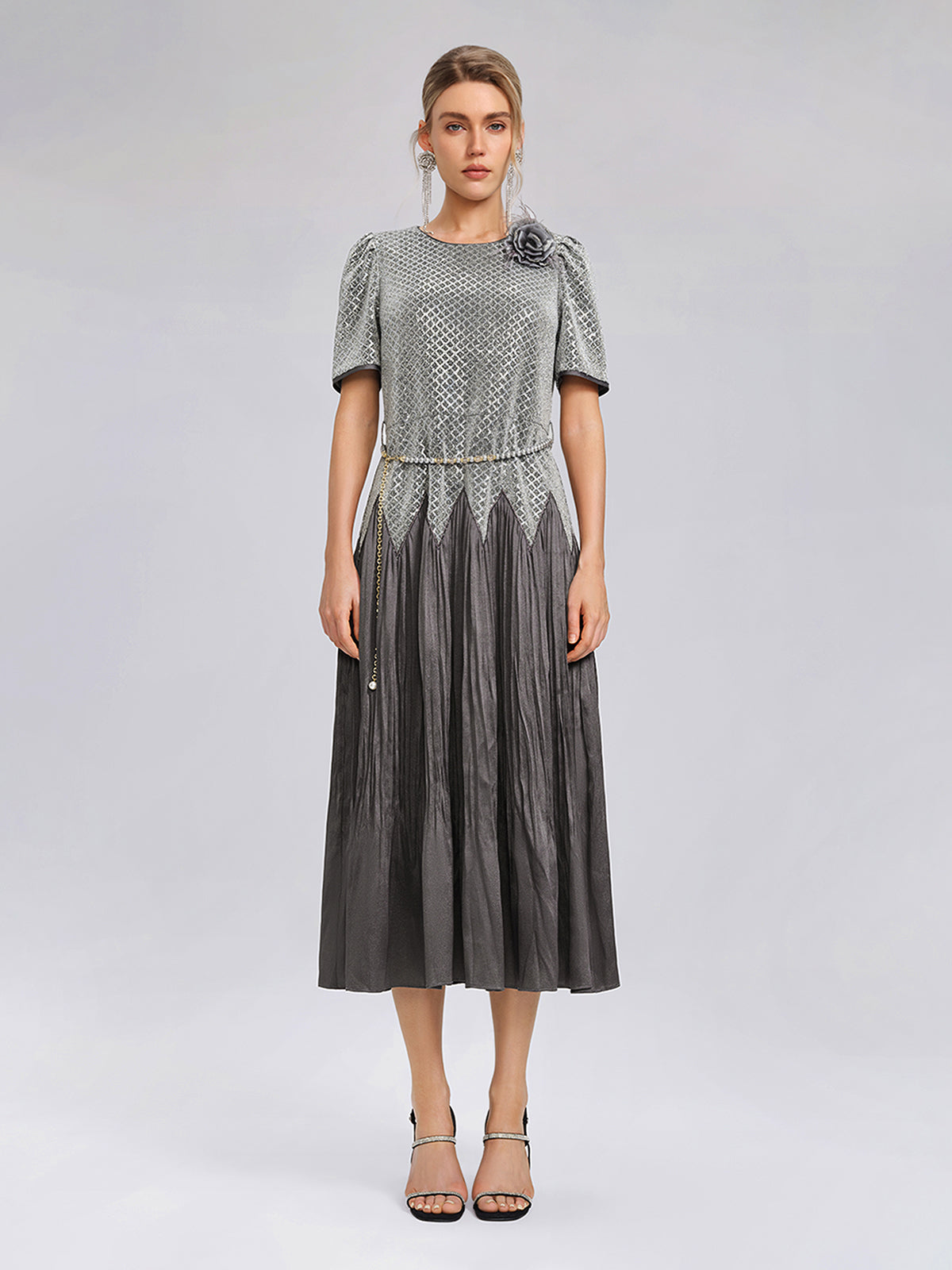 Sequin Puff-Sleeve Pleated Panel Dress (Floral Brooch & Waist Chain Included)