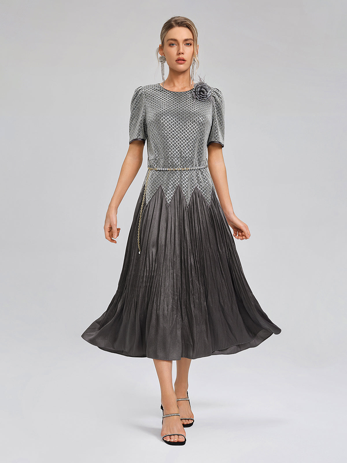 Sequin Puff-Sleeve Pleated Panel Dress (Floral Brooch & Waist Chain Included)