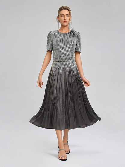 Sequin Puff-Sleeve Pleated Panel Dress (Floral Brooch & Waist Chain Included)