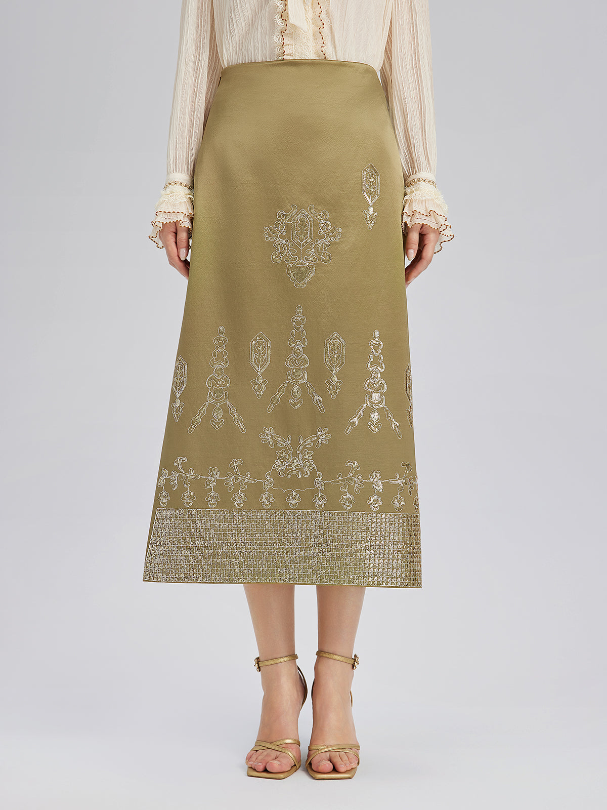 Lustrous Embroidered Floral A-Line Skirt