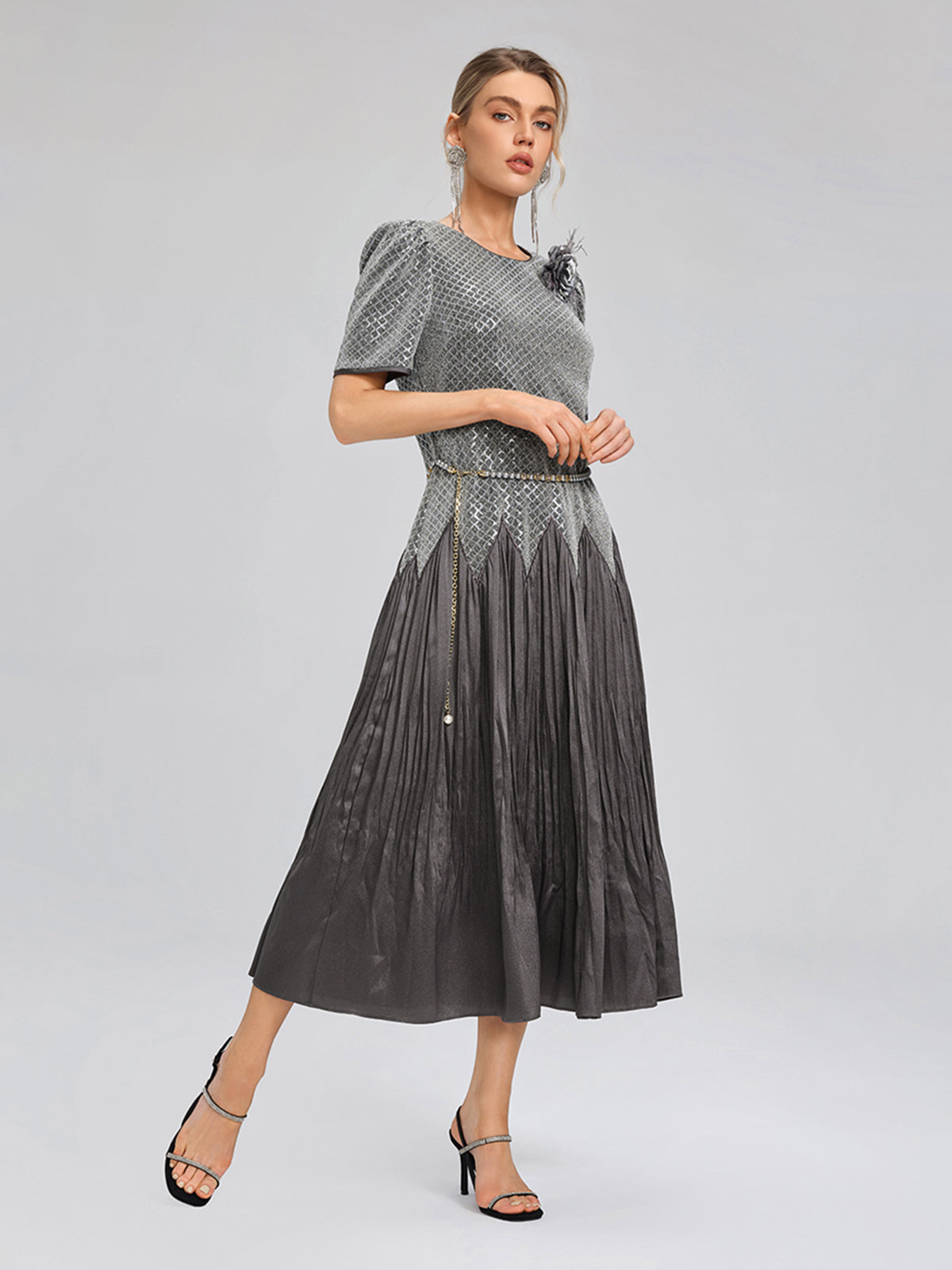 Sequin Puff-Sleeve Pleated Panel Dress (Floral Brooch & Waist Chain Included)