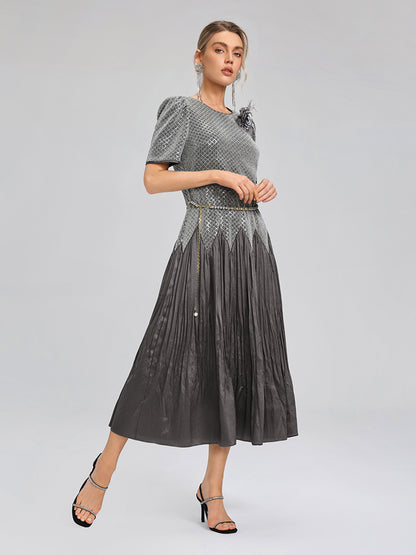 Sequin Puff-Sleeve Pleated Panel Dress (Floral Brooch & Waist Chain Included)