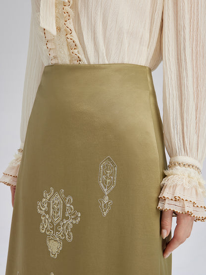 Lustrous Embroidered Floral A-Line Skirt