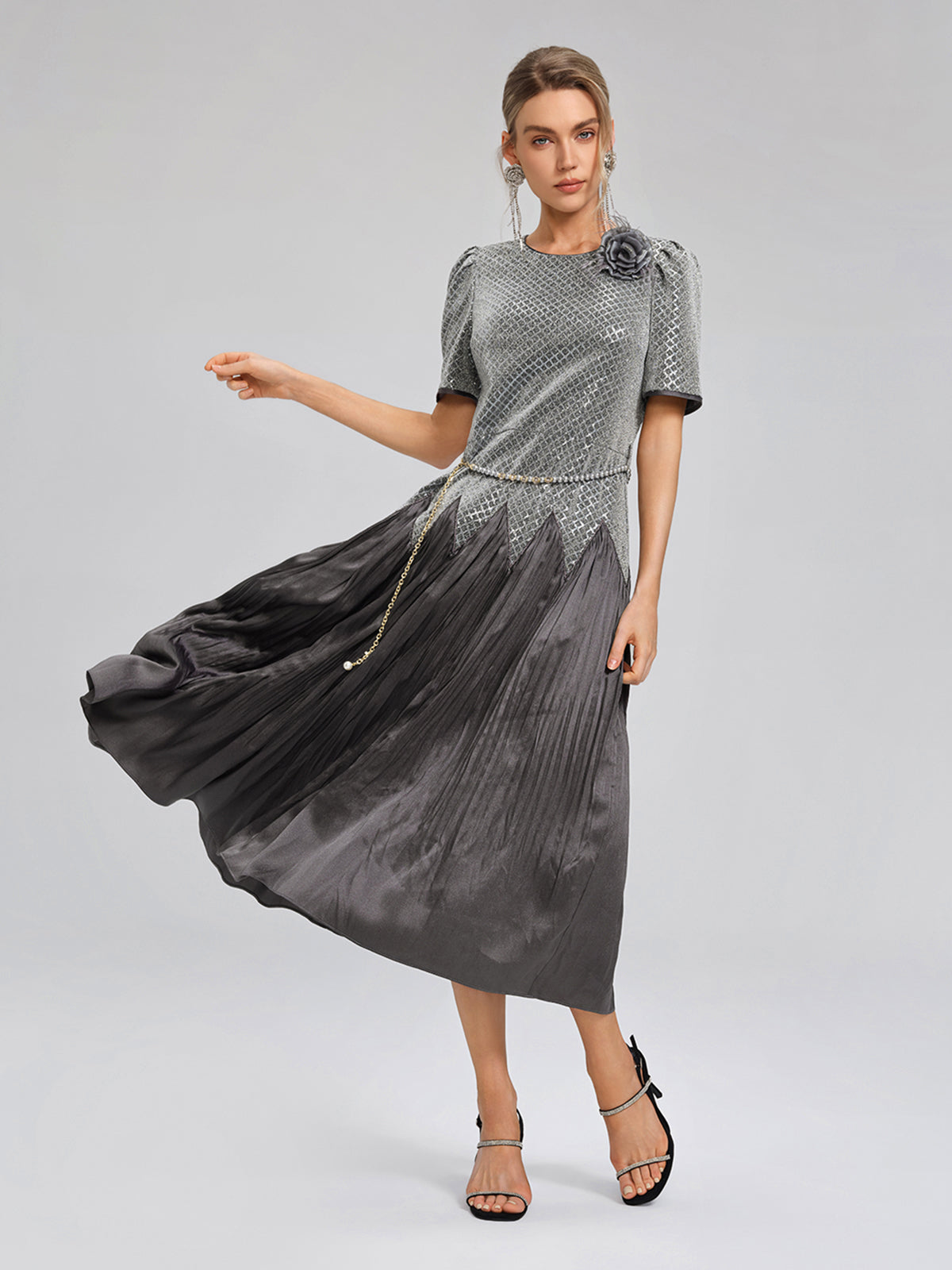 Sequin Puff-Sleeve Pleated Panel Dress (Floral Brooch & Waist Chain Included)