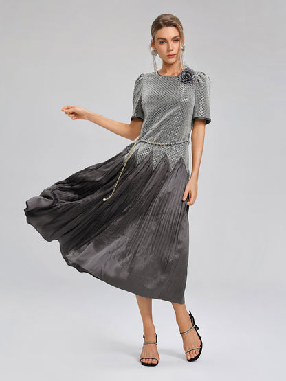 Sequin Puff-Sleeve Pleated Panel Dress (Floral Brooch & Waist Chain Included)