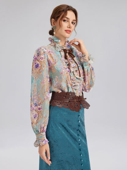 Silk Velvet Devoré Ribbon Bow Ruffle Blouse