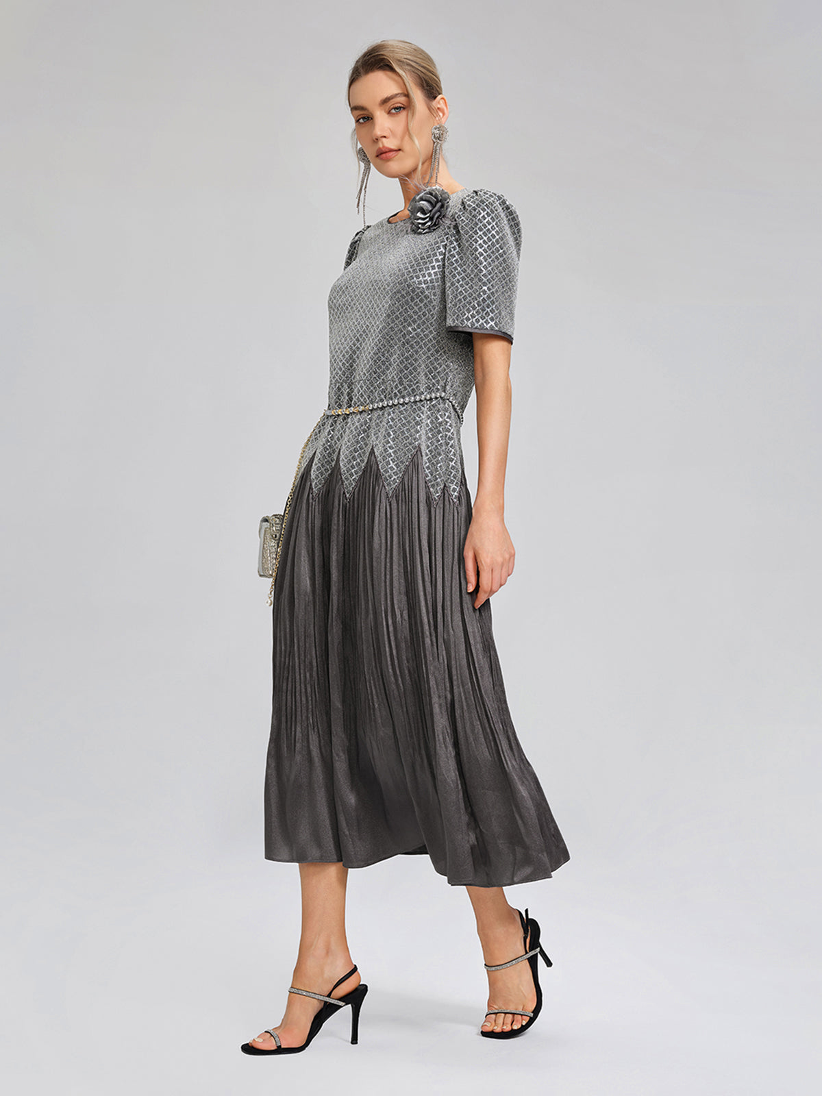 Sequin Puff-Sleeve Pleated Panel Dress (Floral Brooch & Waist Chain Included)
