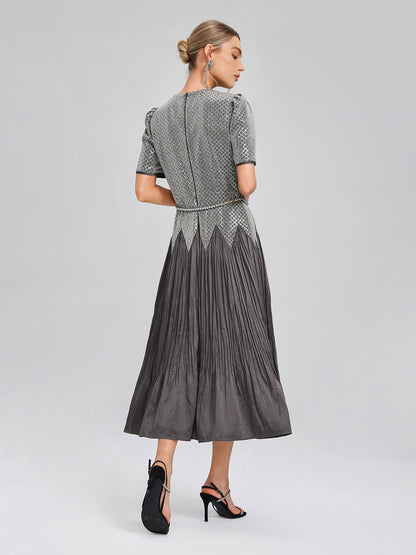 Sequin Puff-Sleeve Pleated Panel Dress (Floral Brooch & Waist Chain Included)