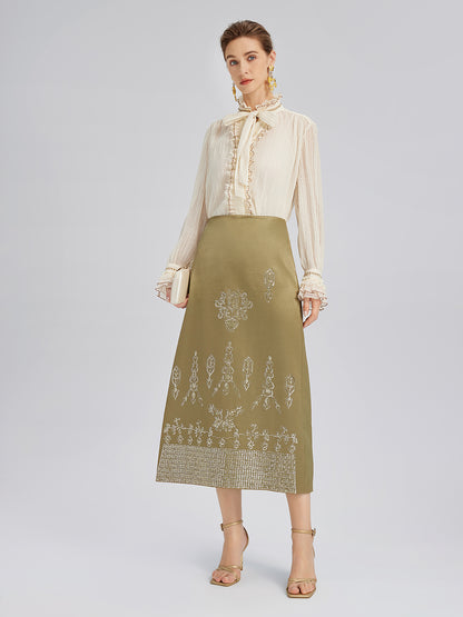 Lustrous Embroidered Floral A-Line Skirt