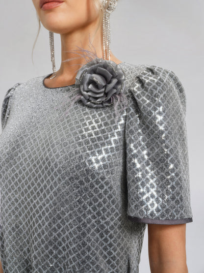 Sequin Puff-Sleeve Pleated Panel Dress (Floral Brooch & Waist Chain Included)