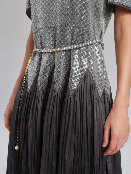 Sequin Puff-Sleeve Pleated Panel Dress (Floral Brooch & Waist Chain Included)