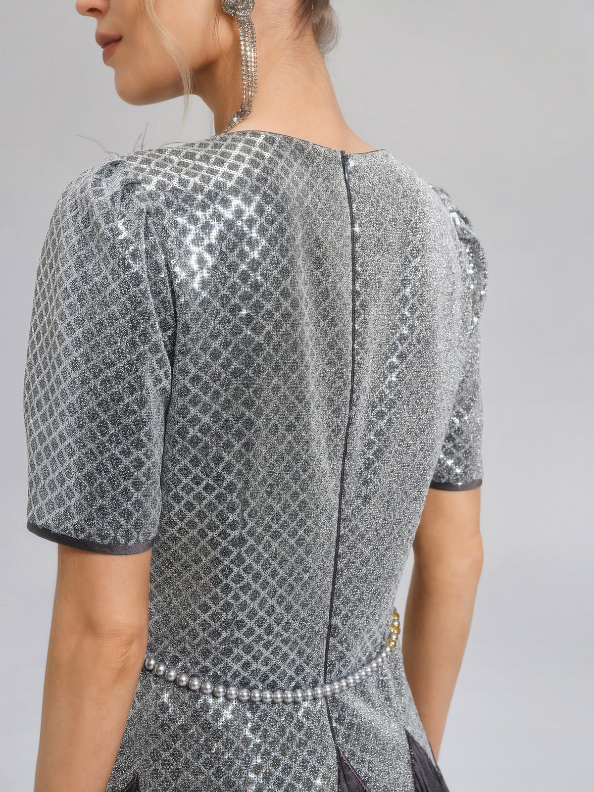 Sequin Puff-Sleeve Pleated Panel Dress (Floral Brooch & Waist Chain Included)